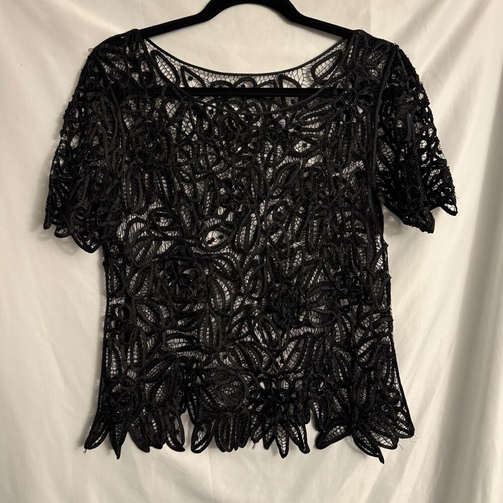 Silken Poetry Womens Black Silk Top Size M Crochet Fairy Beaded Lace Whimsigoth